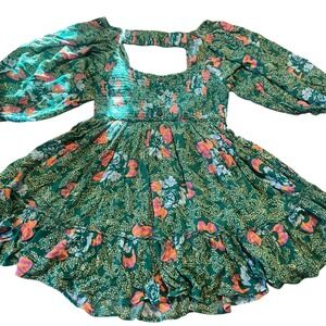 Free People Green Floral Smocked Square Neck Cutout Puff Sleeve Mini Dress M